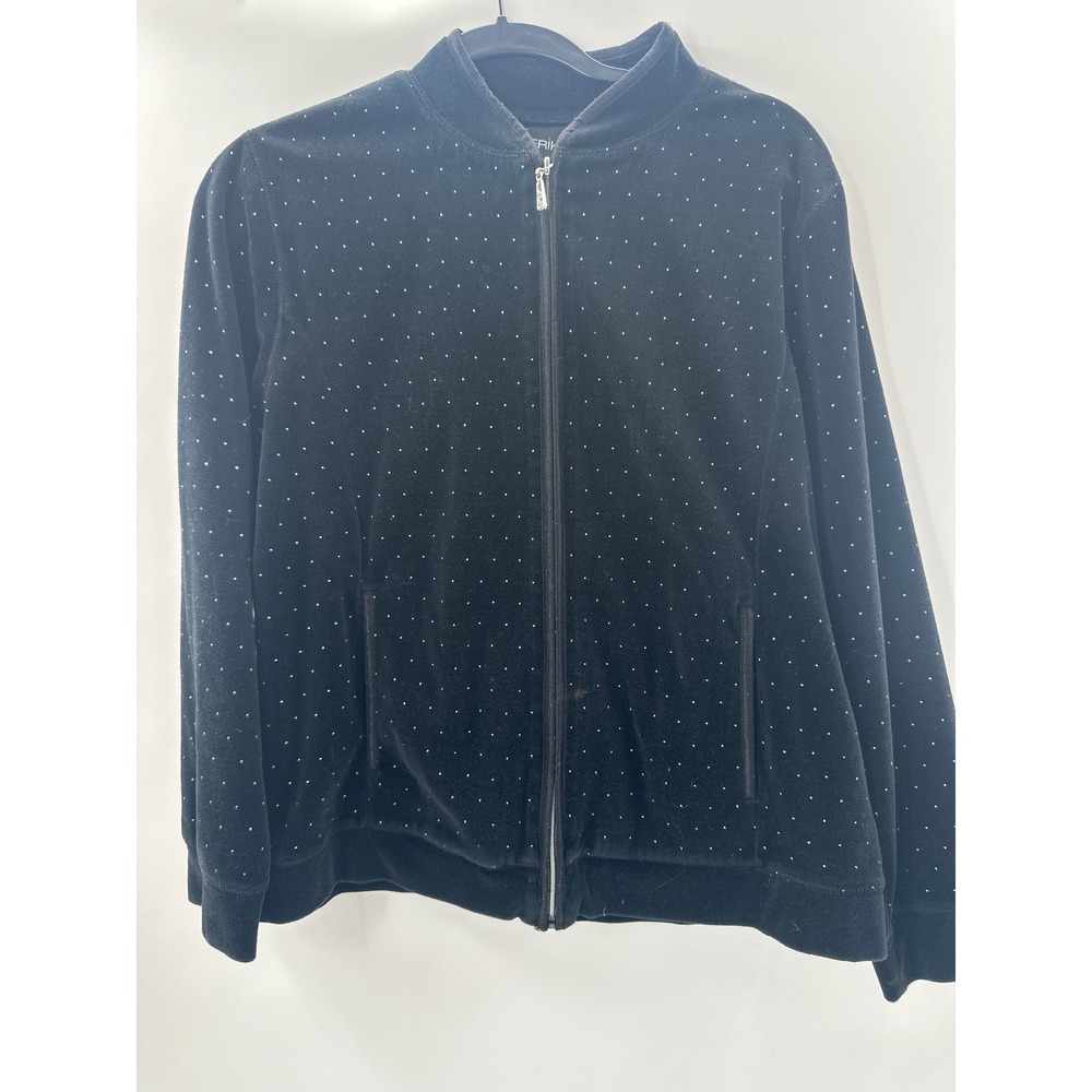 Erika Womens Black Velour Polka Dot Zip Up Bomber Jacket Mock Neck Medium